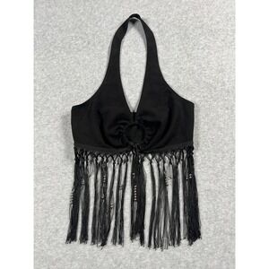 Windsor Halter Top Women XS Black Western Fringe Beaded Rodeo Concert Festival